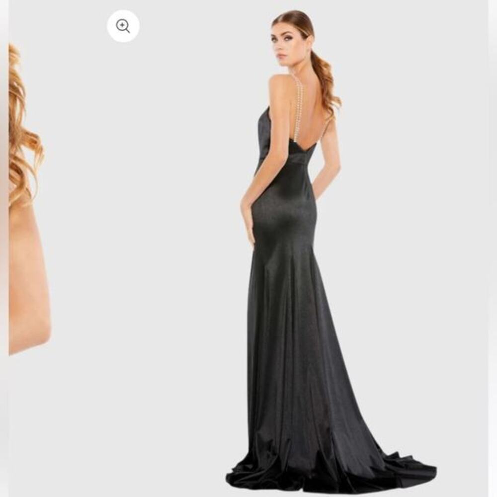 Mac Duggal Black Beaded-Back Satin Maxi Gown